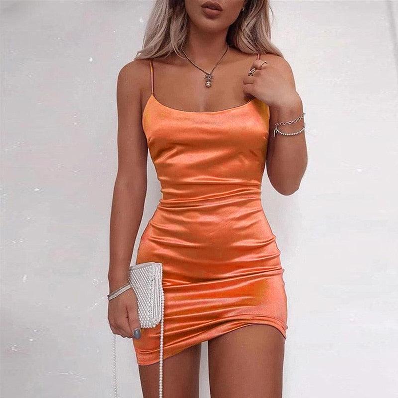Womens Satin Mini Dress Solid Summer Party Cocktail Dresses