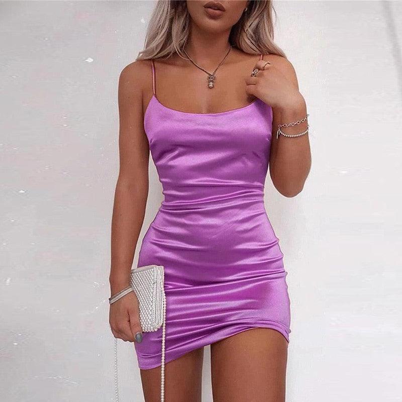 Womens Satin Mini Dress Solid Summer Party Cocktail Dresses