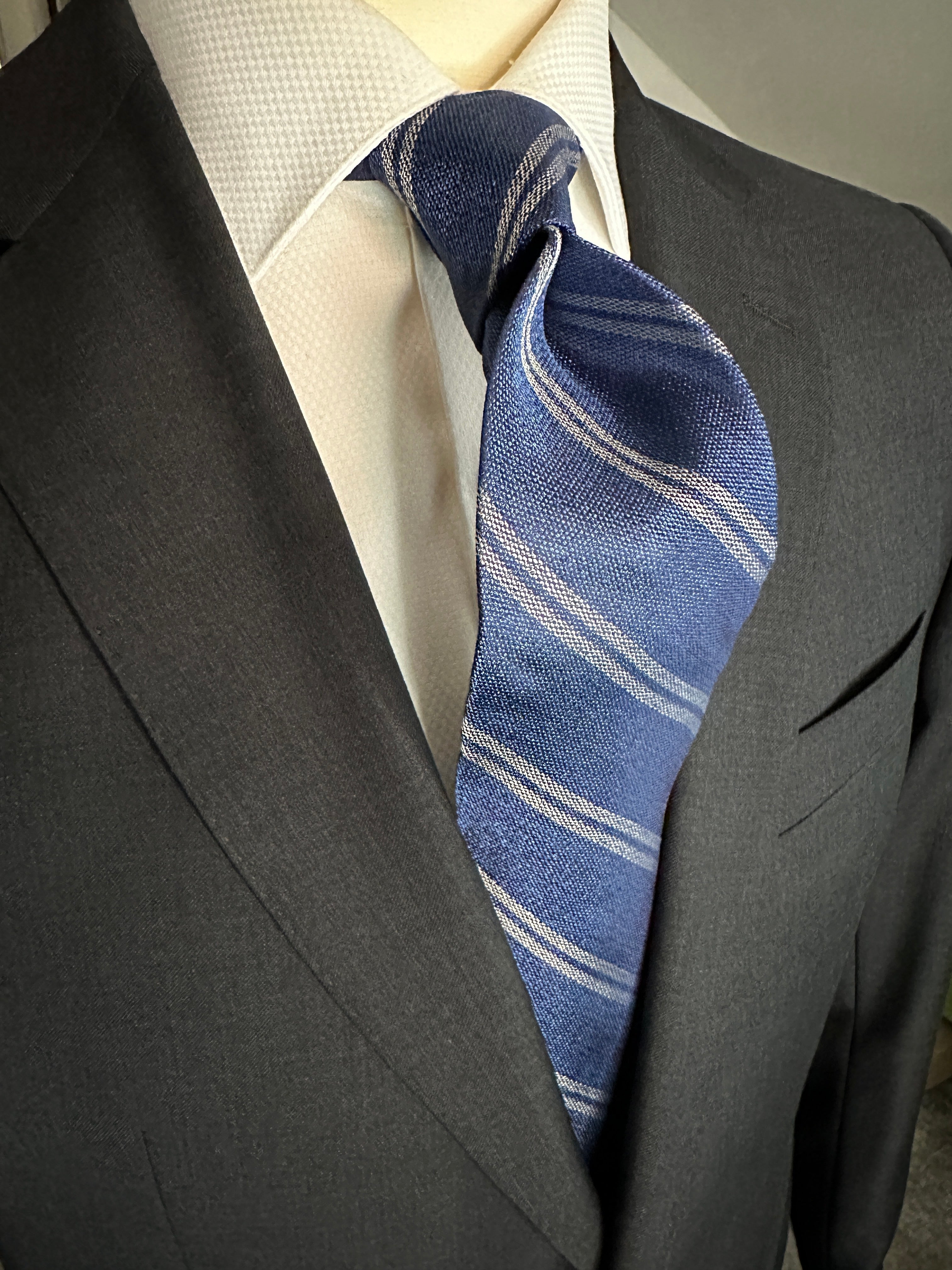 SUITCAFE Silk Tie Denim Blue With Grey Stripe Woven