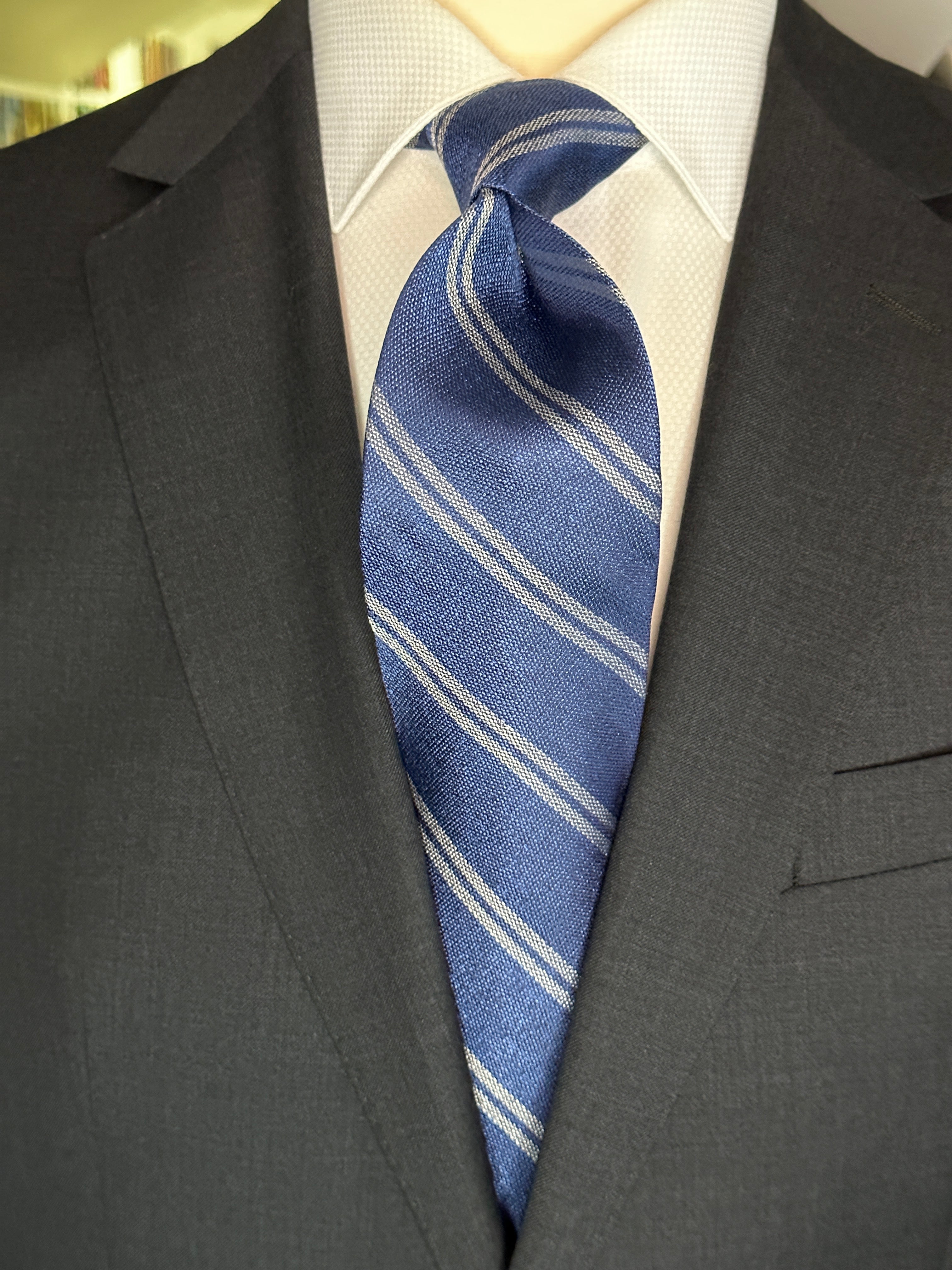 SUITCAFE Silk Tie Denim Blue With Grey Stripe Woven