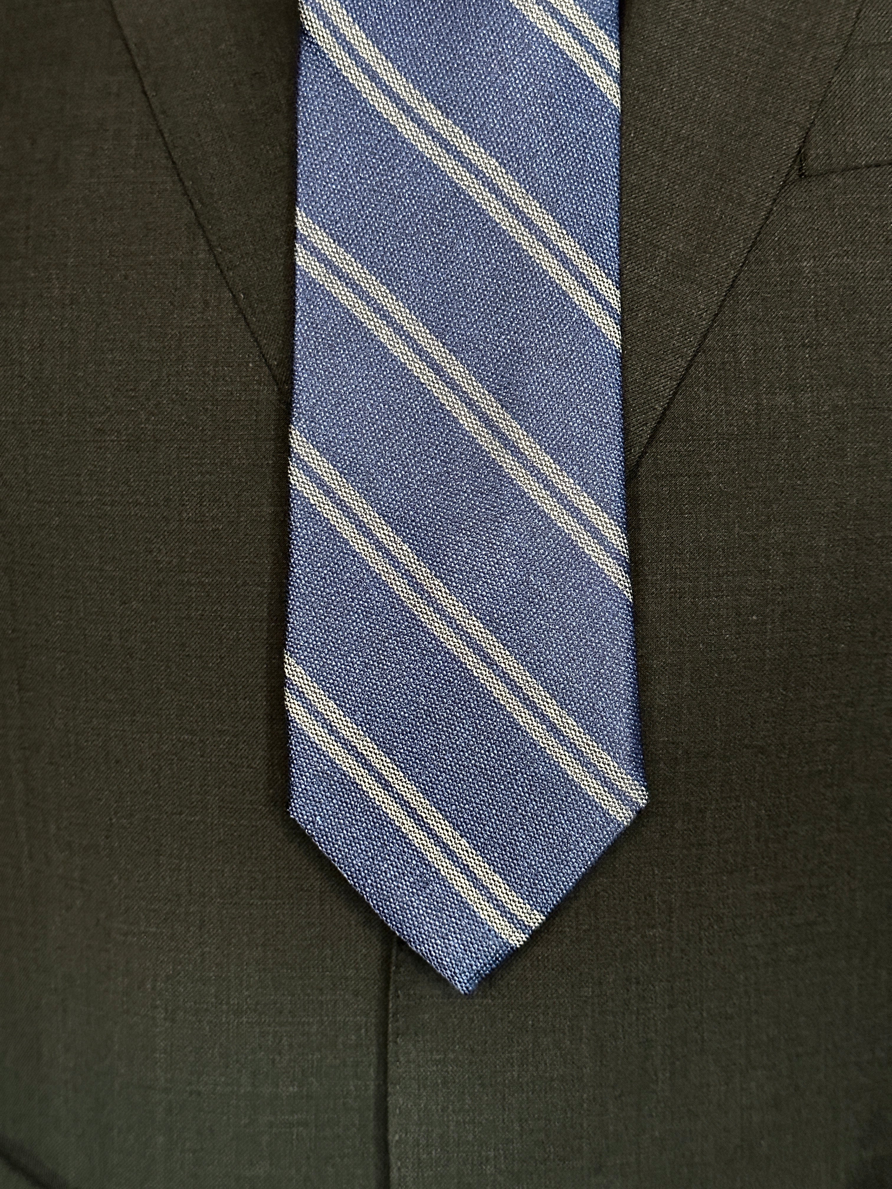 SUITCAFE Silk Tie Denim Blue With Grey Stripe Woven