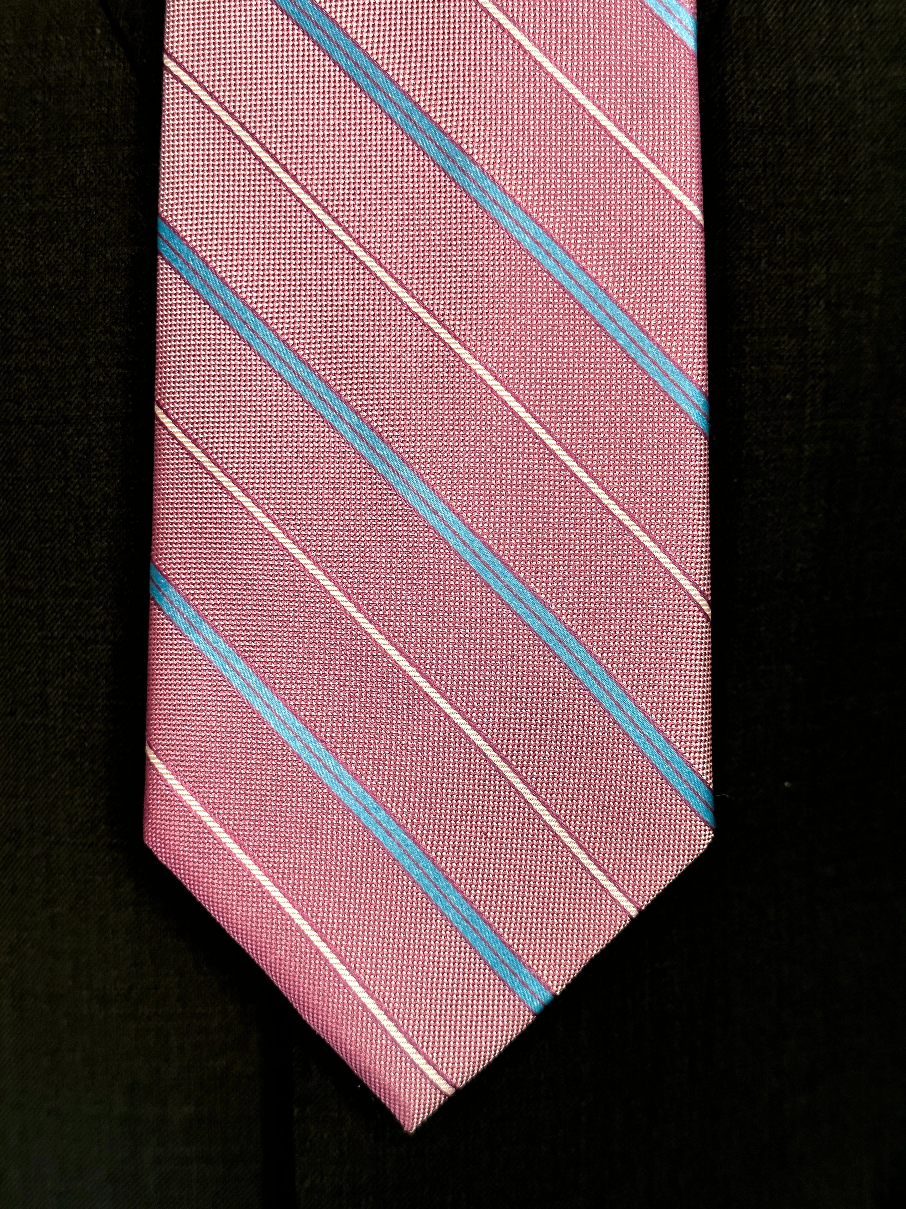 SUITCAFE Silk Tie Light Pink With Blue Stripe Woven