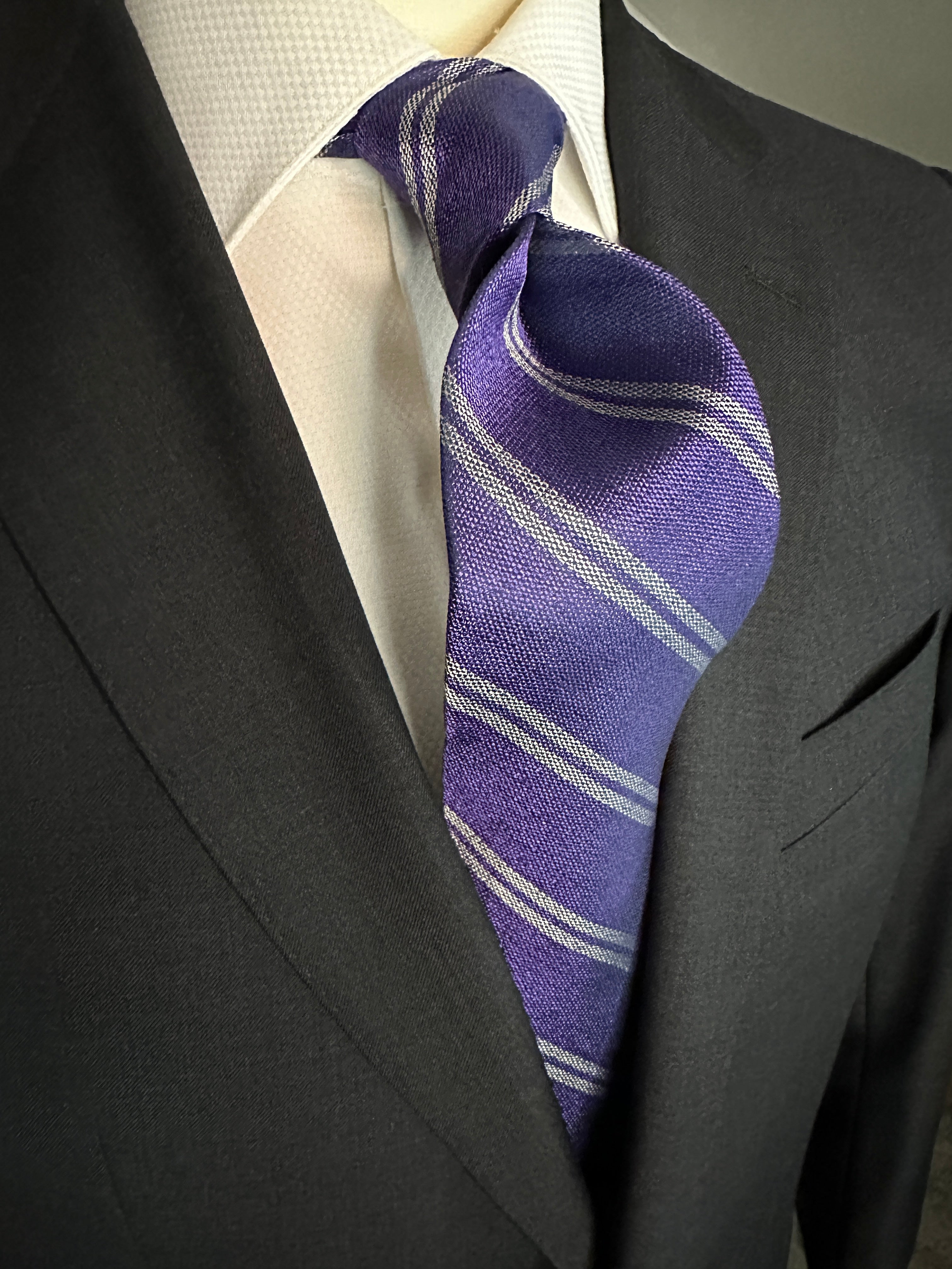 SUITCAFE Silk Tie Purple Texture Grey Stripe Woven