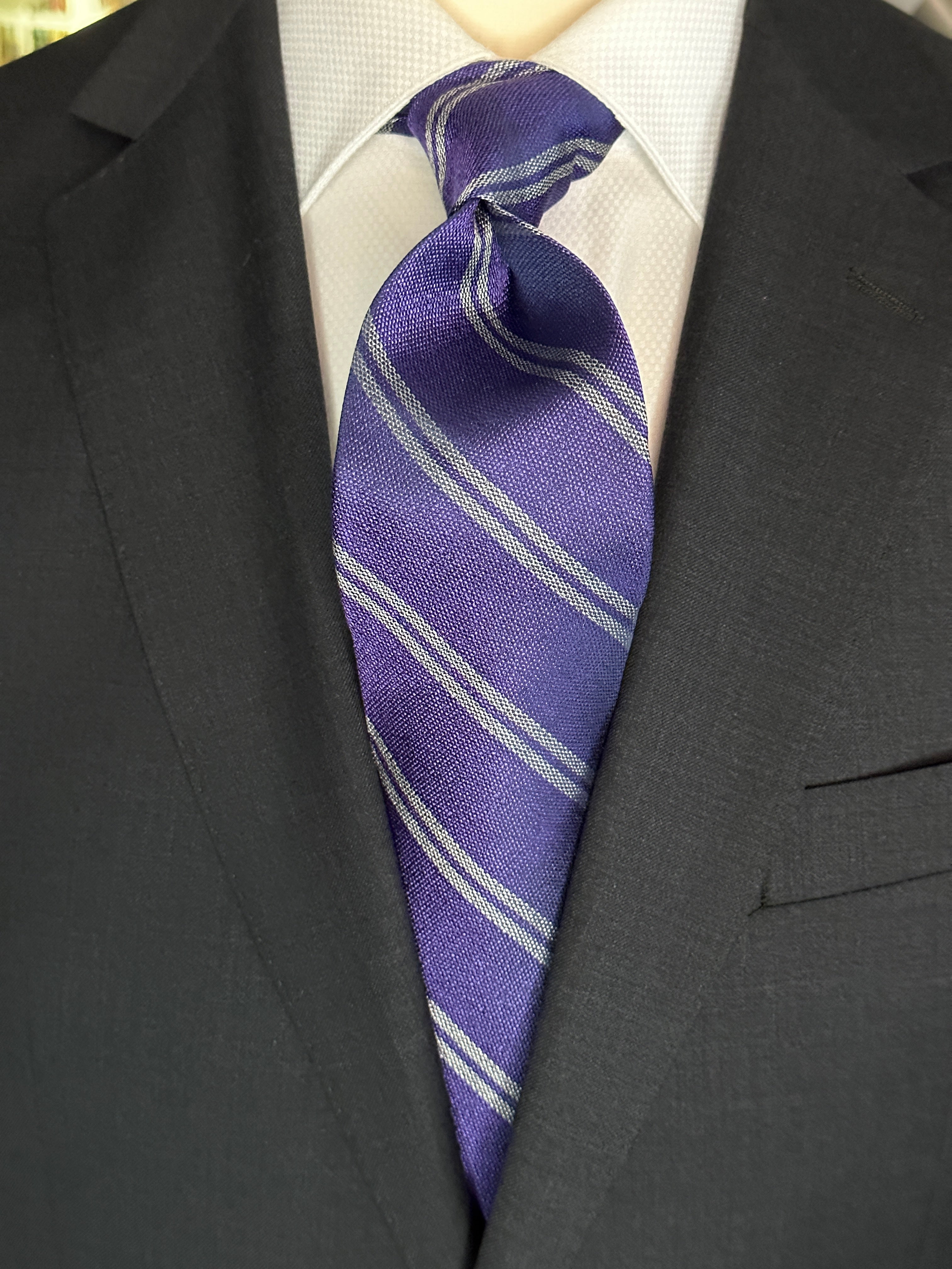 SUITCAFE Silk Tie Purple Texture Grey Stripe Woven