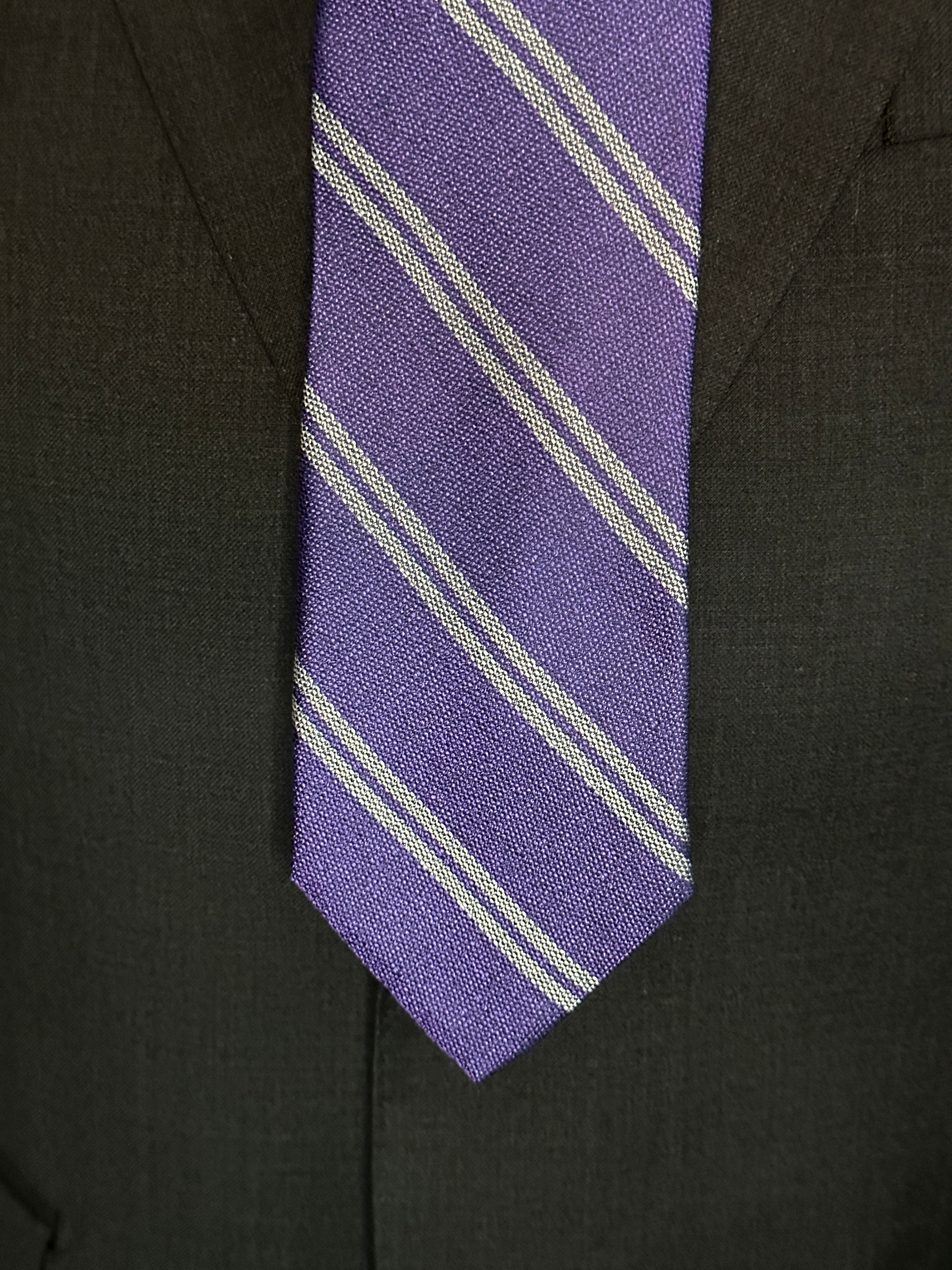 SUITCAFE Silk Tie Purple Texture Grey Stripe Woven