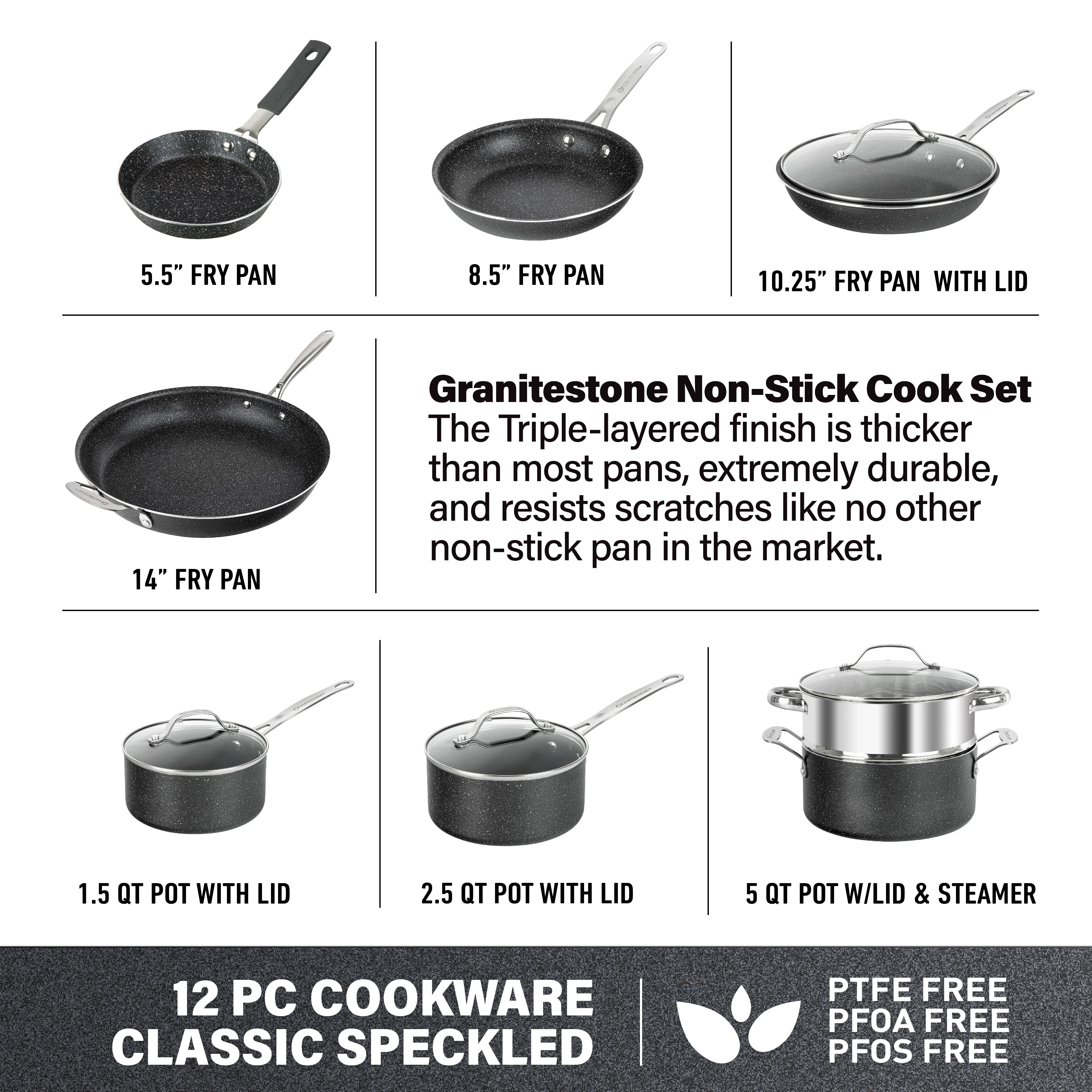 Granitestone 12 Piece All-Sizes Cookware Set - Includes 14