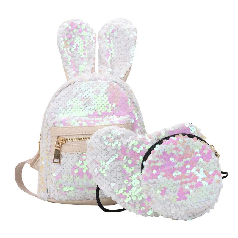3 pcs set Rabbit Ear Backpack Travel-bag Bling Shiny Cute Heart Shaped