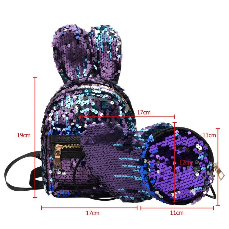 3 pcs set Rabbit Ear Backpack Travel-bag Bling Shiny Cute Heart Shaped