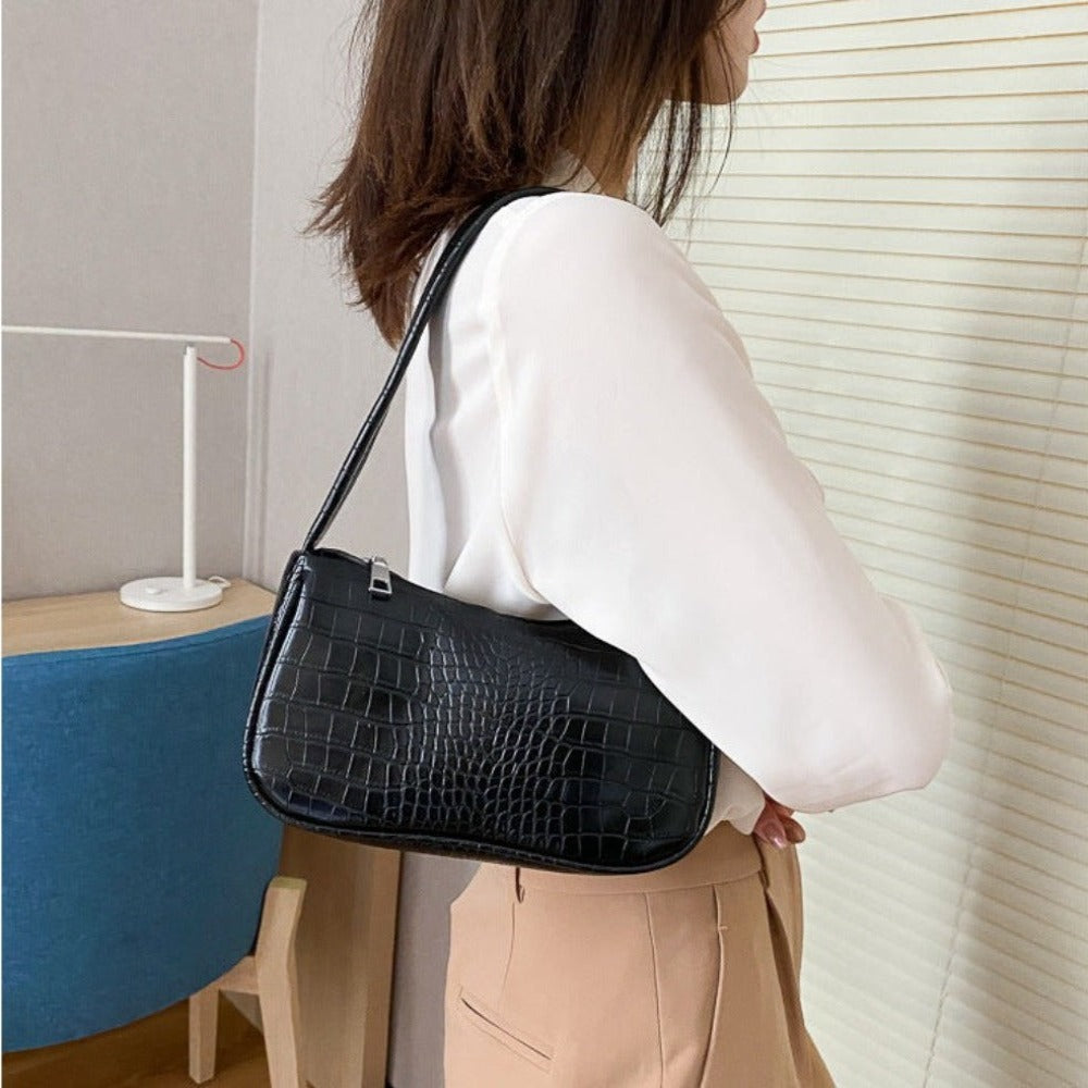 Retro Classic Crocodile Pattern Clutch Shoulder Bag with Zipper Closure