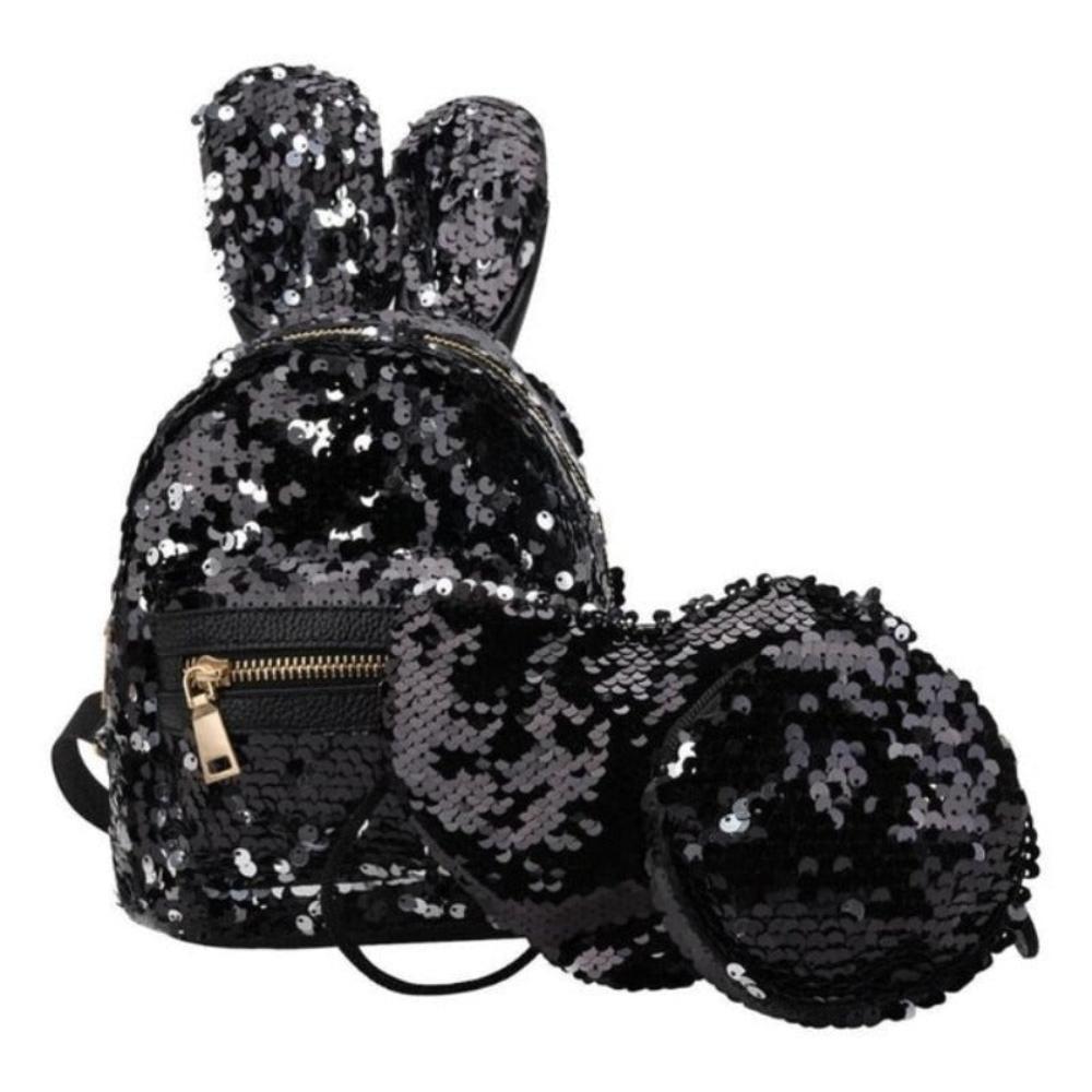 3 pcs set Rabbit Ear Backpack Travel-bag Bling Shiny Cute Heart Shaped