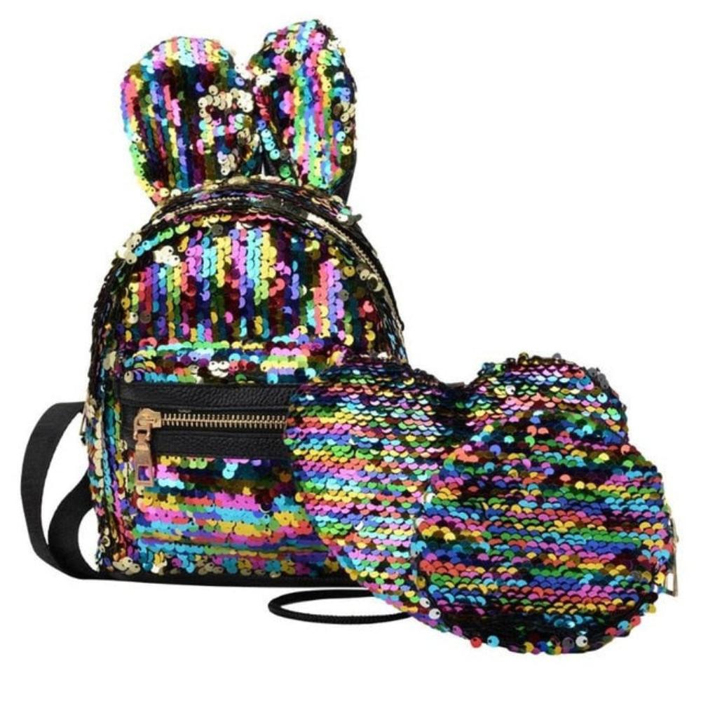 3 pcs set Rabbit Ear Backpack Travel-bag Bling Shiny Cute Heart Shaped