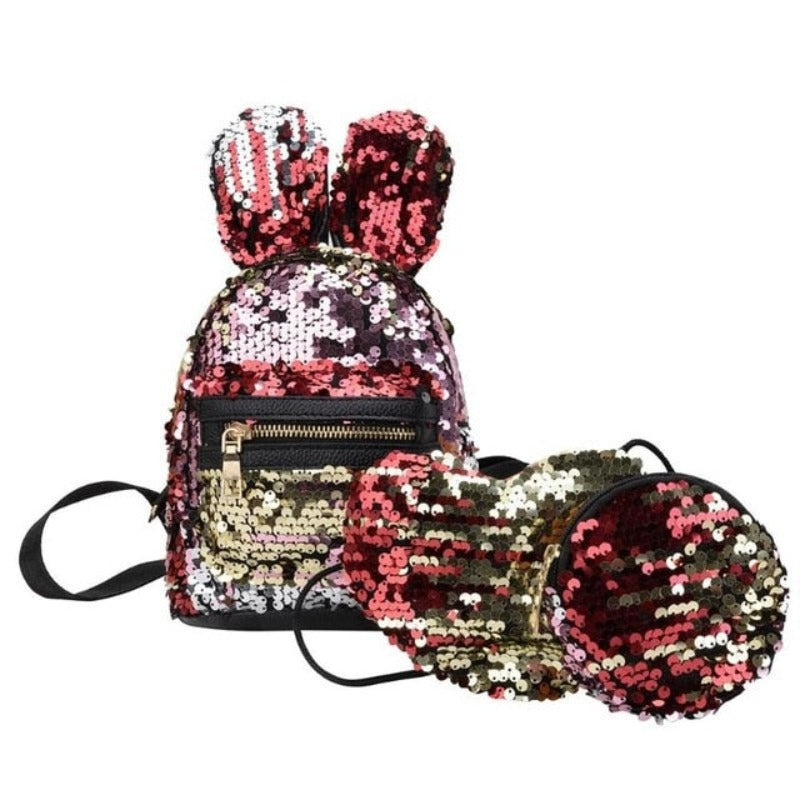 3 pcs set Rabbit Ear Backpack Travel-bag Bling Shiny Cute Heart Shaped