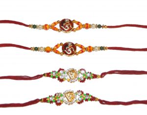 Orange and Green Om Beaded 4 Rakhi Set