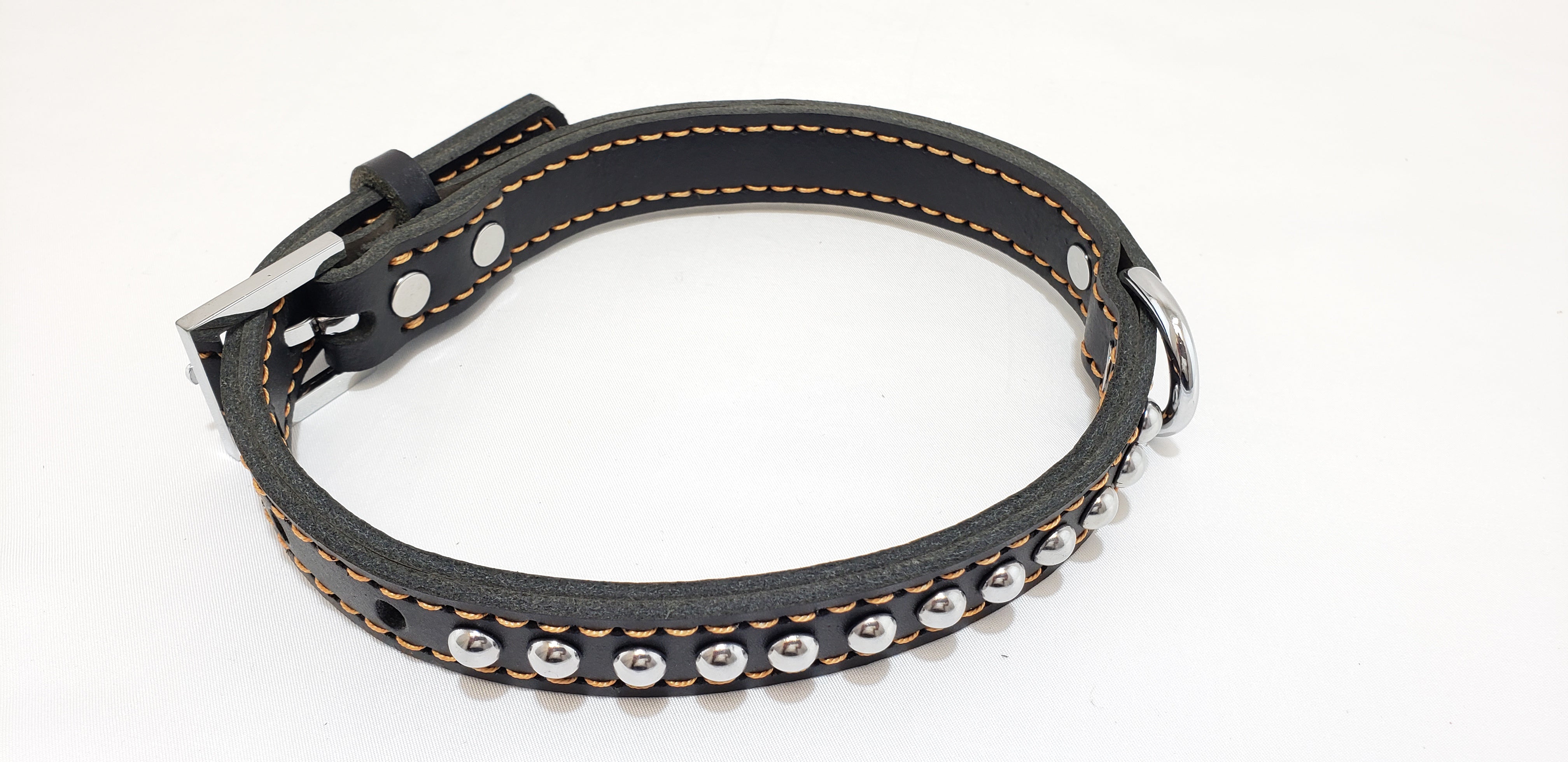 Leather Dog Collar with Single Line of Silver Chrome Buttons - Black - Small