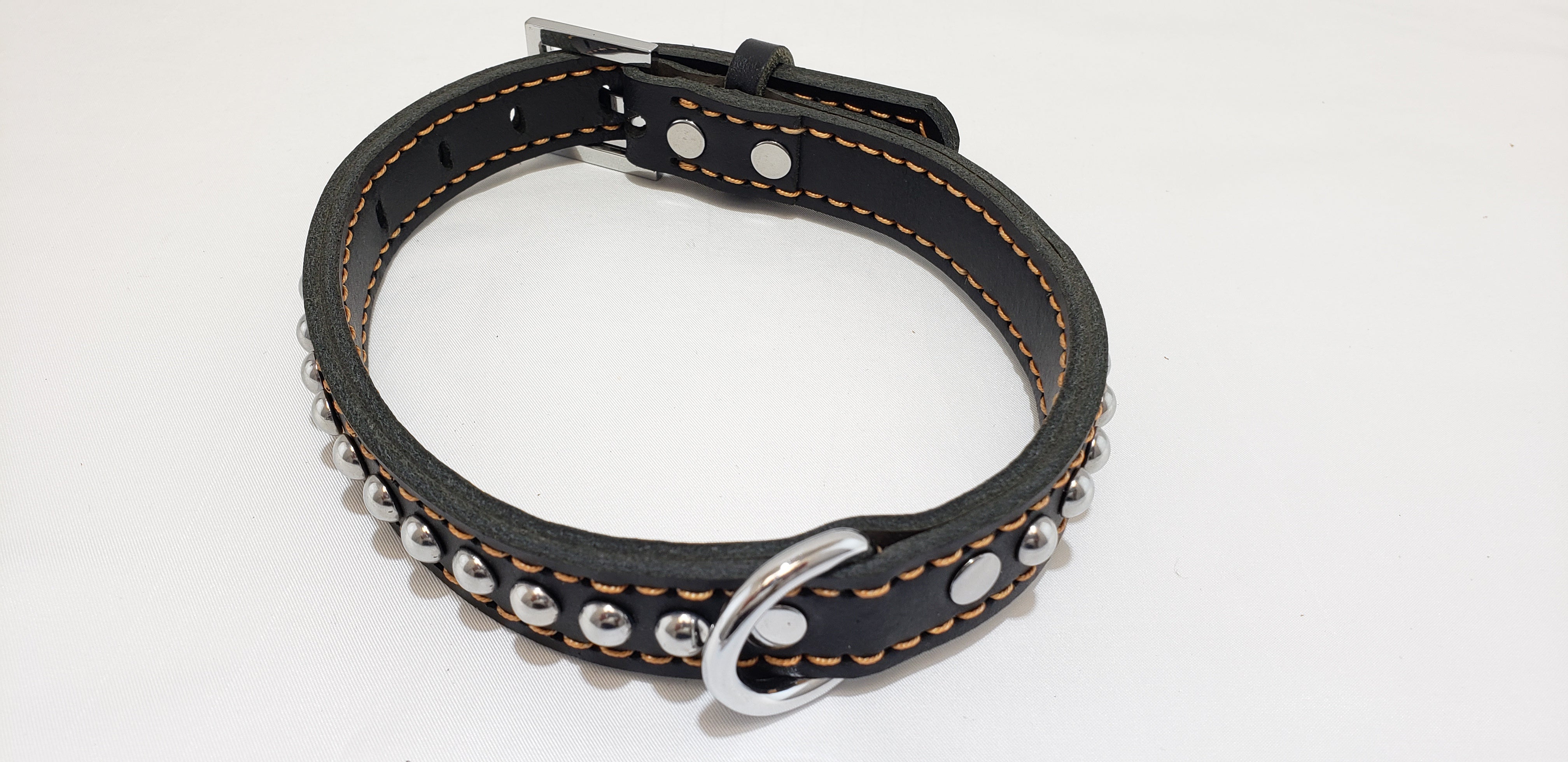 Leather Dog Collar with Single Line of Silver Chrome Buttons - Black - Small