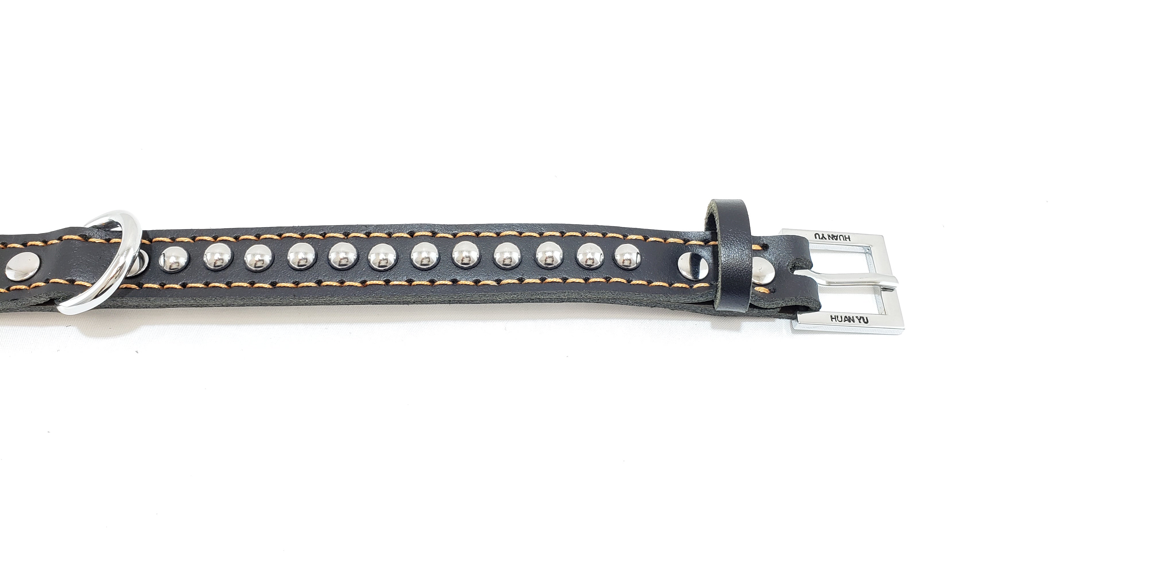 Leather Dog Collar with Single Line of Silver Chrome Buttons - Black - Small