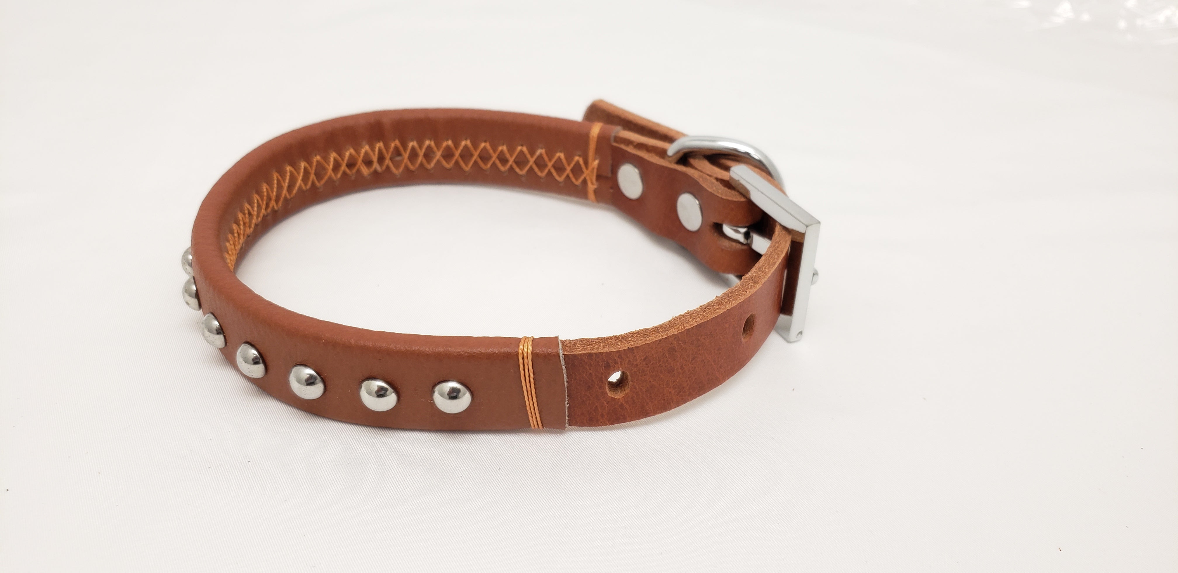 Leather Dog Collar with Single Line of Silver Chrome Buttons - Dark Brown - Small