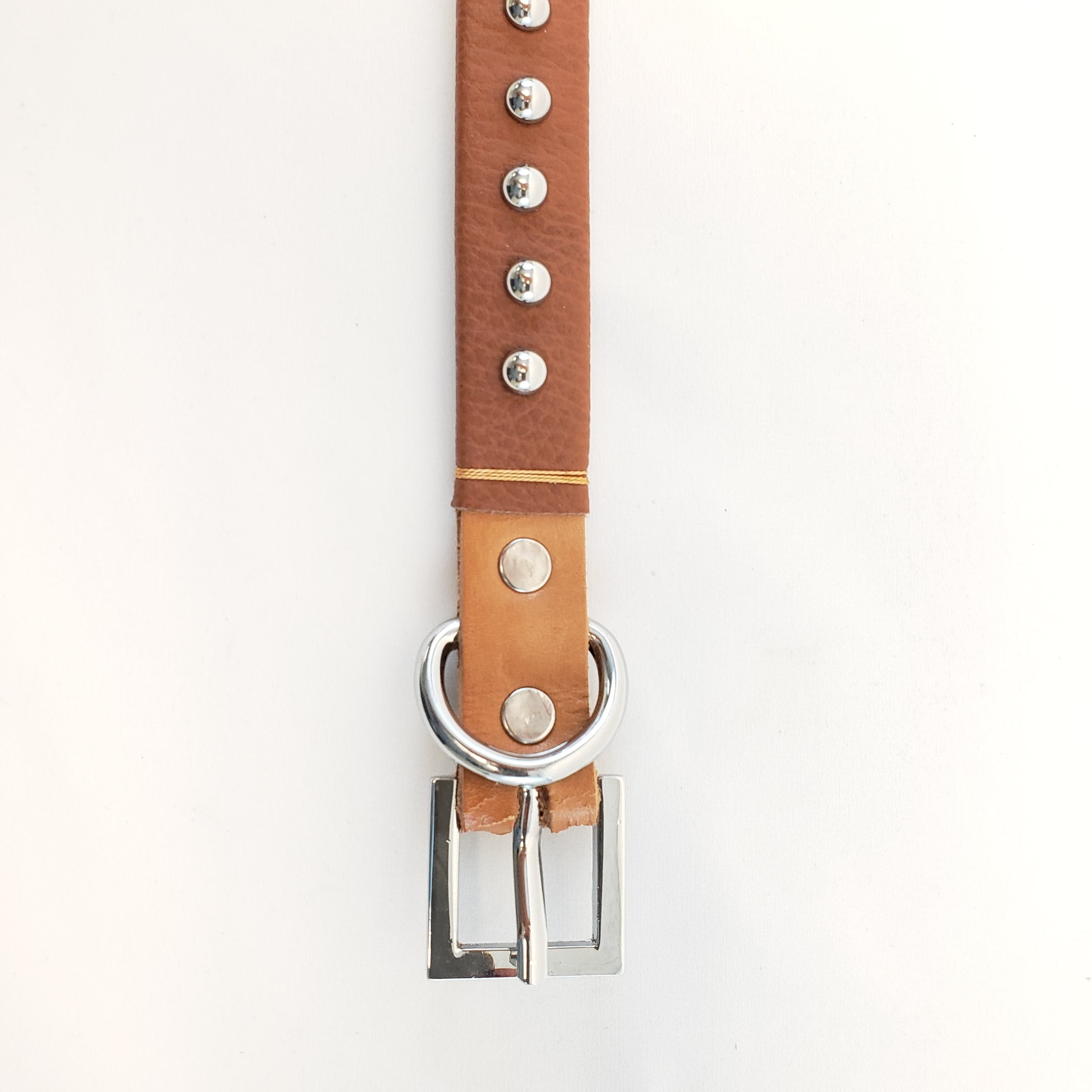 Leather Dog Collar with Single Line of Silver Chrome Buttons - Dark Brown - Small