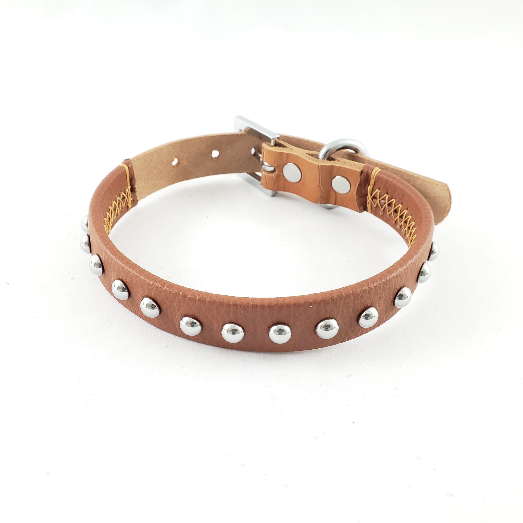 Leather Dog Collar with Single Line of Silver Chrome Buttons - Dark Brown - Small