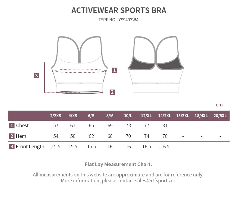 YS9493WA sports bra size chart