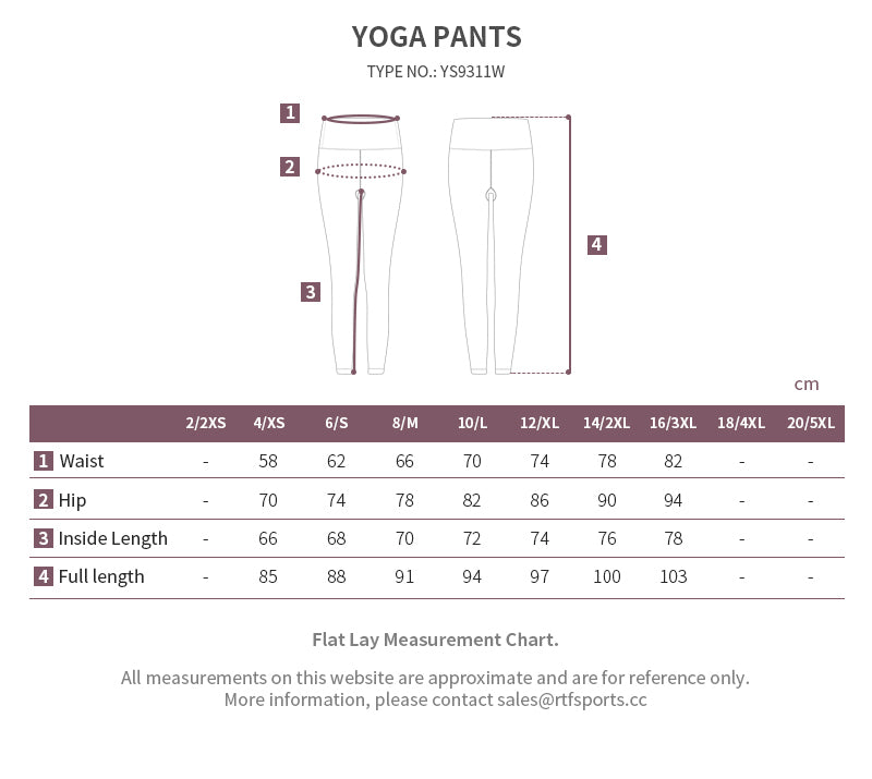 YS9311W yoga leggings size chart