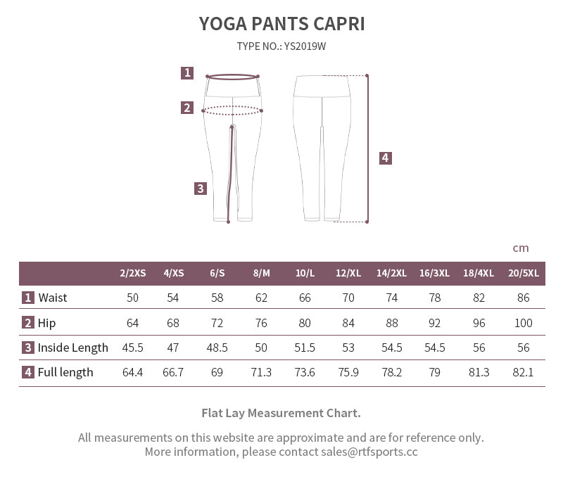 yoga capri size chart