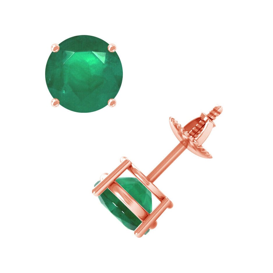 1 Ct TW Round Natural Earth-Mined Brilliant Emerald Stud Earrings 14K Rose Gold with Screw Backs