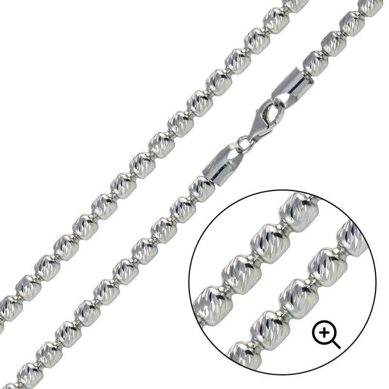 925 Sterling Silver 3mm Moon Cut Oval Barrel Beaded Chain Necklace