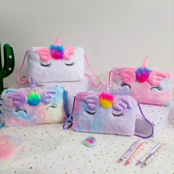 Four different types of Girls Cute Sequin Plush Unicorn Tie Dye Bags on display on a kid's bed