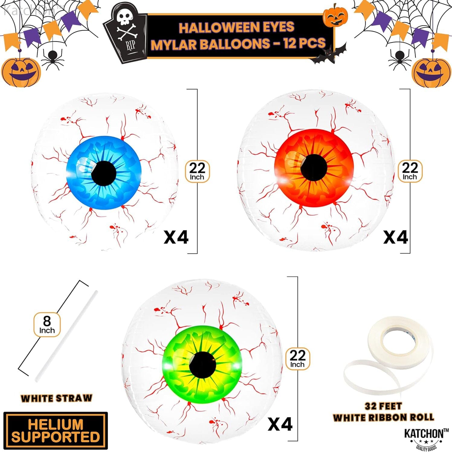 12-Pack: 22 Inch Halloween Eyeball Balloons