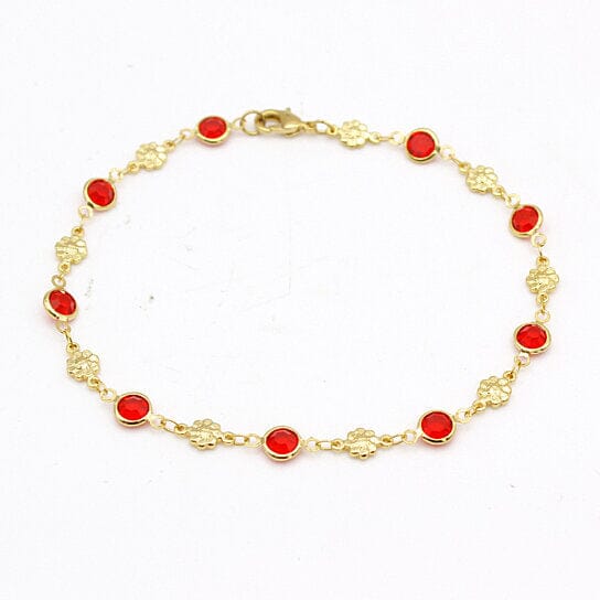 18k Gold Filled High Polish Finish Red Crystal Flower Ankle Bracelet