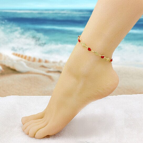 18k Gold Filled High Polish Finish Red Crystal Flower Ankle Bracelet