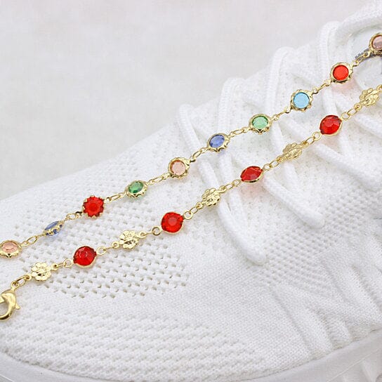 18k Gold Filled High Polish Finish Red Crystal Flower Ankle Bracelet