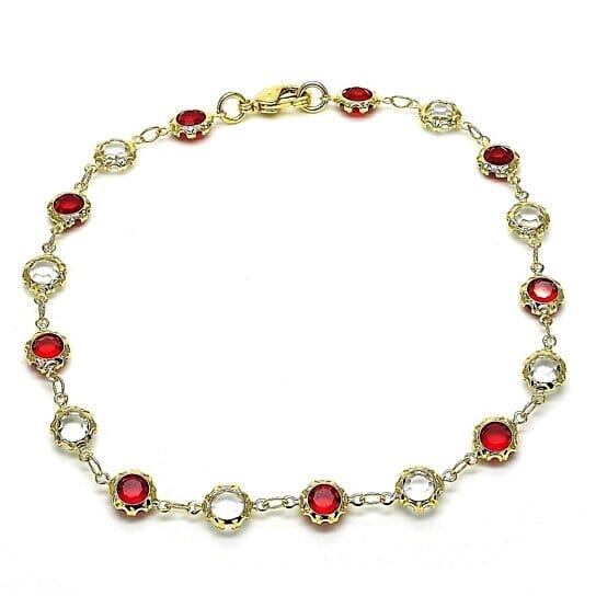 18k Gold Filled High Polish Finsh Gold Crystal Red And White Round Anklet 10'