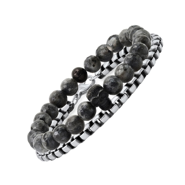 2-Piece Set: Men's Gray Agate and Black IP Stainless Steel Skull Beaded and Box Link Bracelet Men's Accessories - DailySale