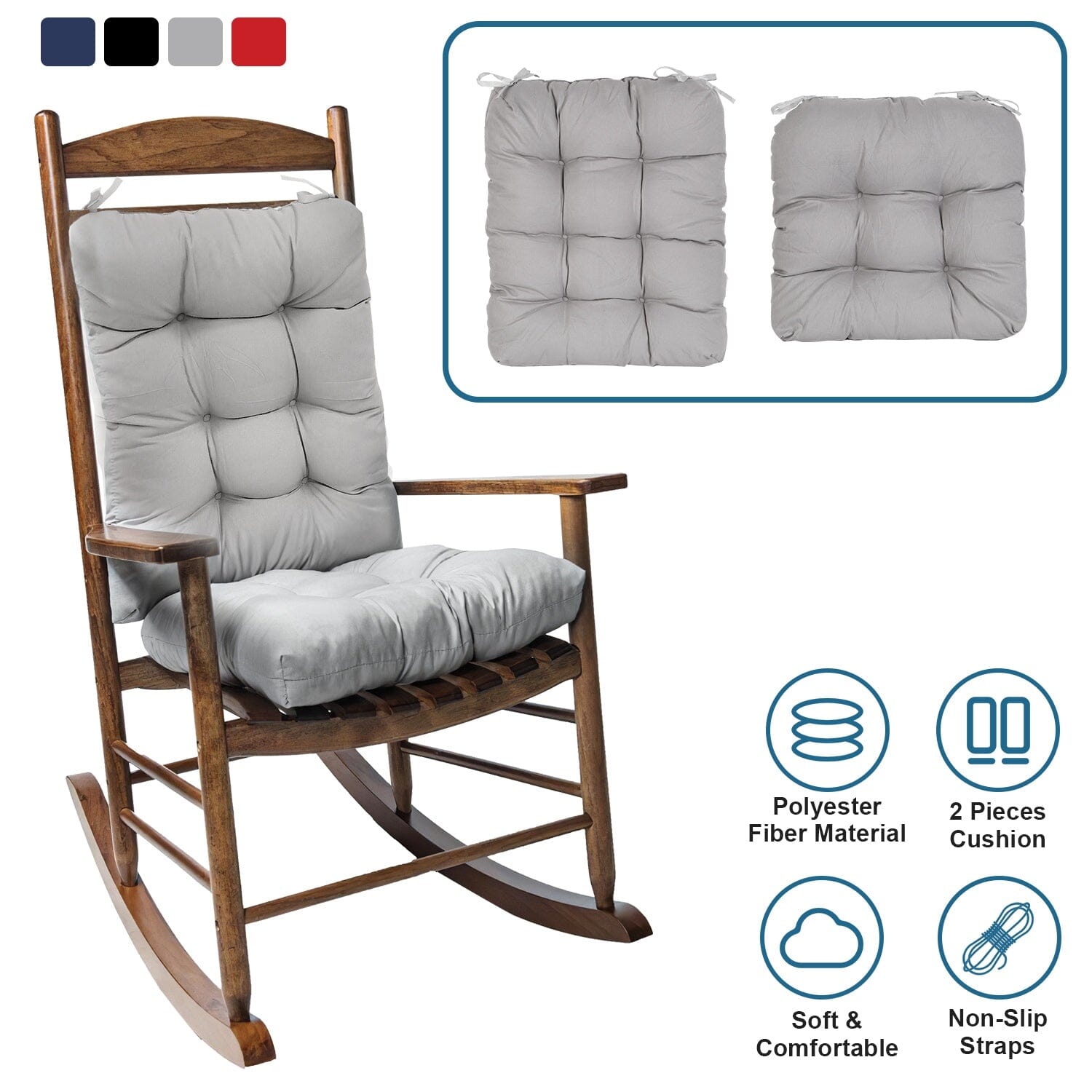 2-Piece Set: Rocking Chair Cushion with Non-Slip Ties Polyester Fiber Filling