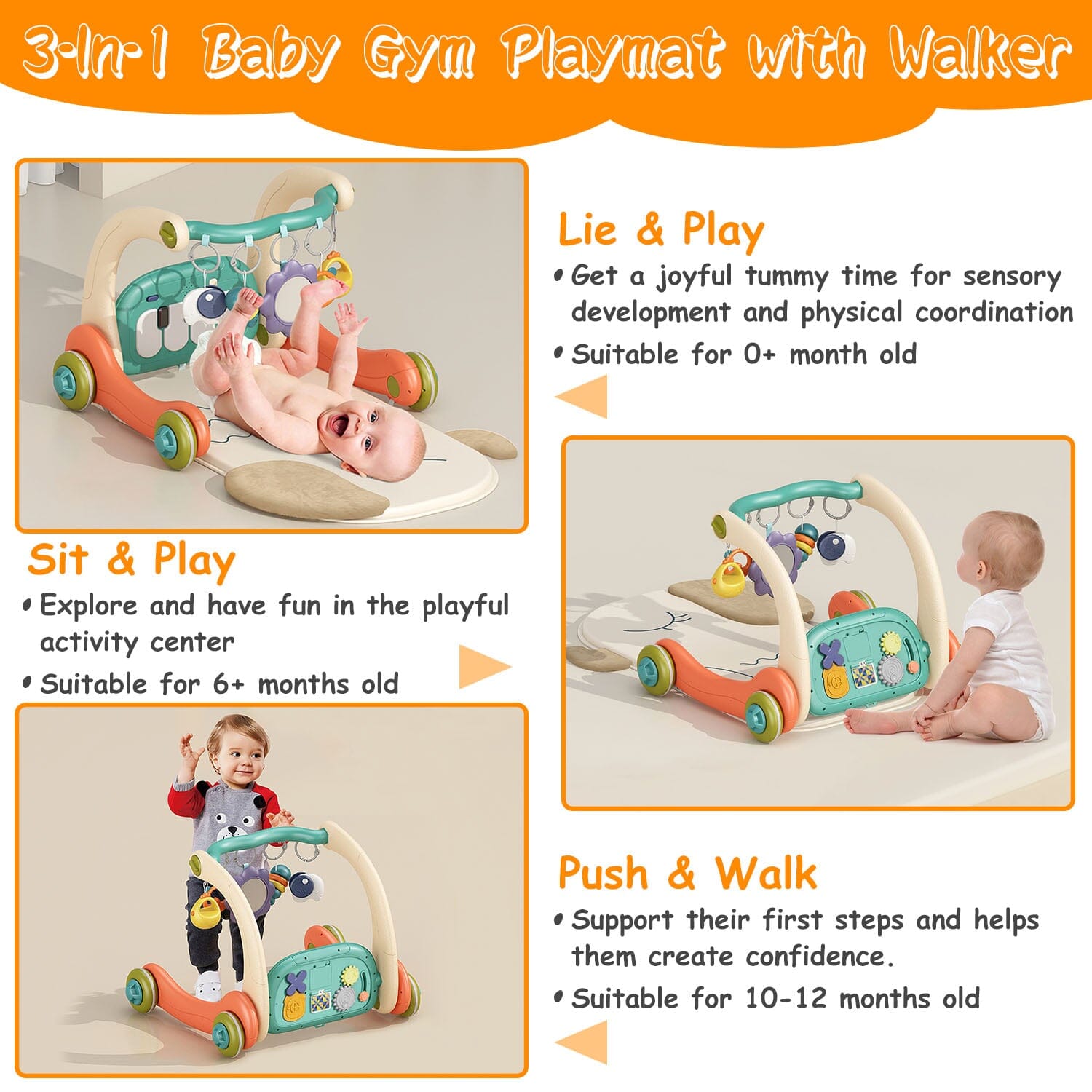 3-in-1 Baby Gym Playmat with Learning Walker for 0-12 Months Old