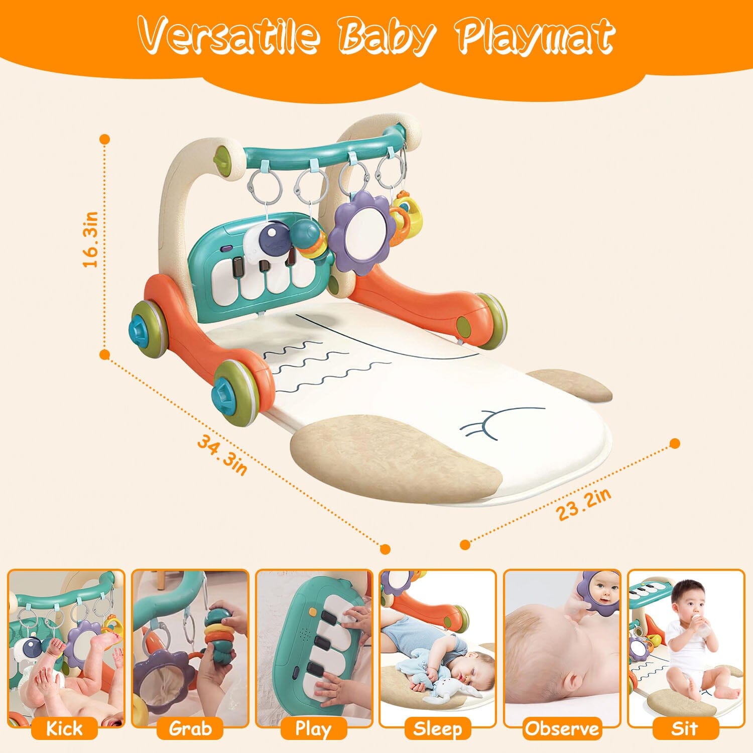 3-in-1 Baby Gym Playmat with Learning Walker for 0-12 Months Old
