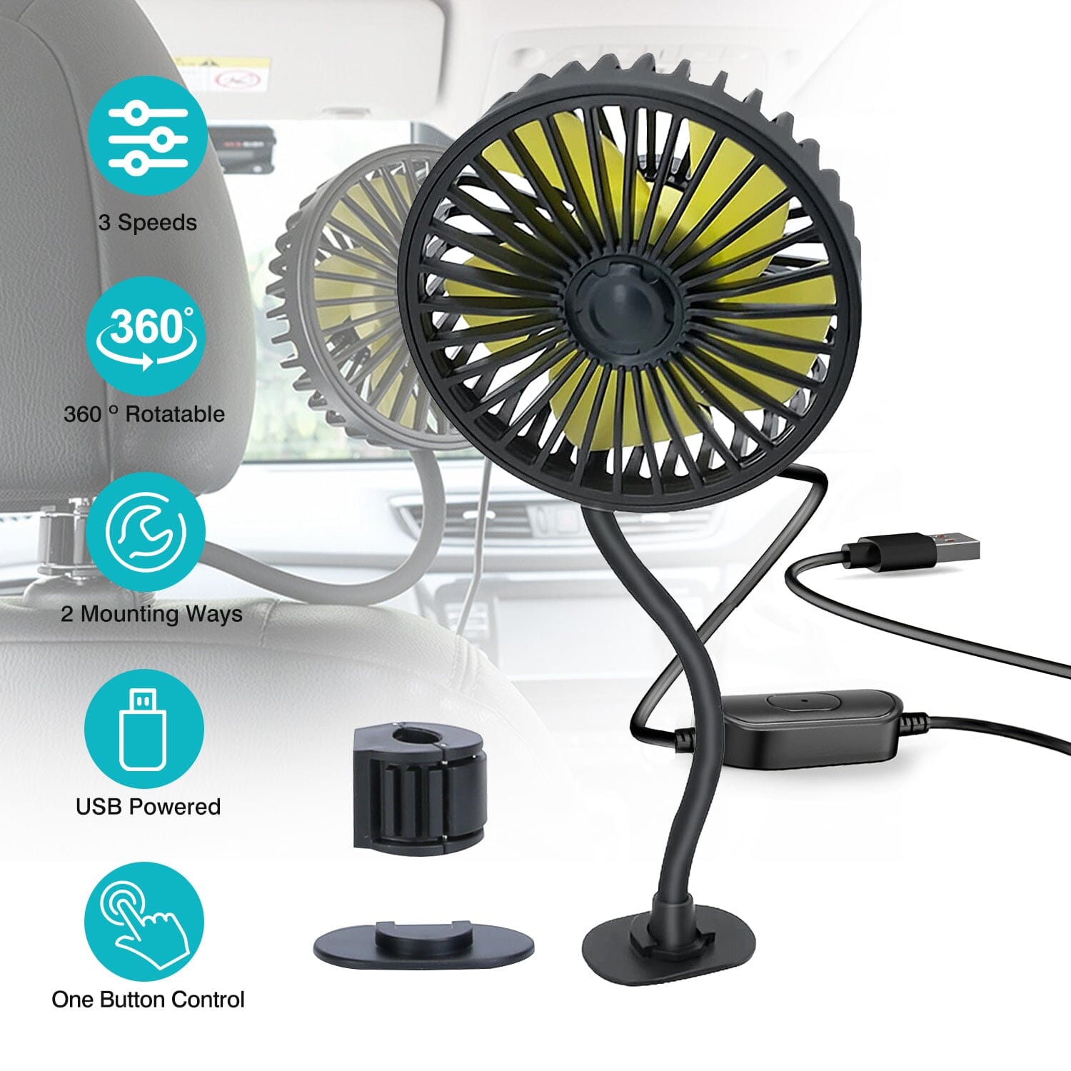 360 o Rotatable Car Cooling Fan with 3 Speeds