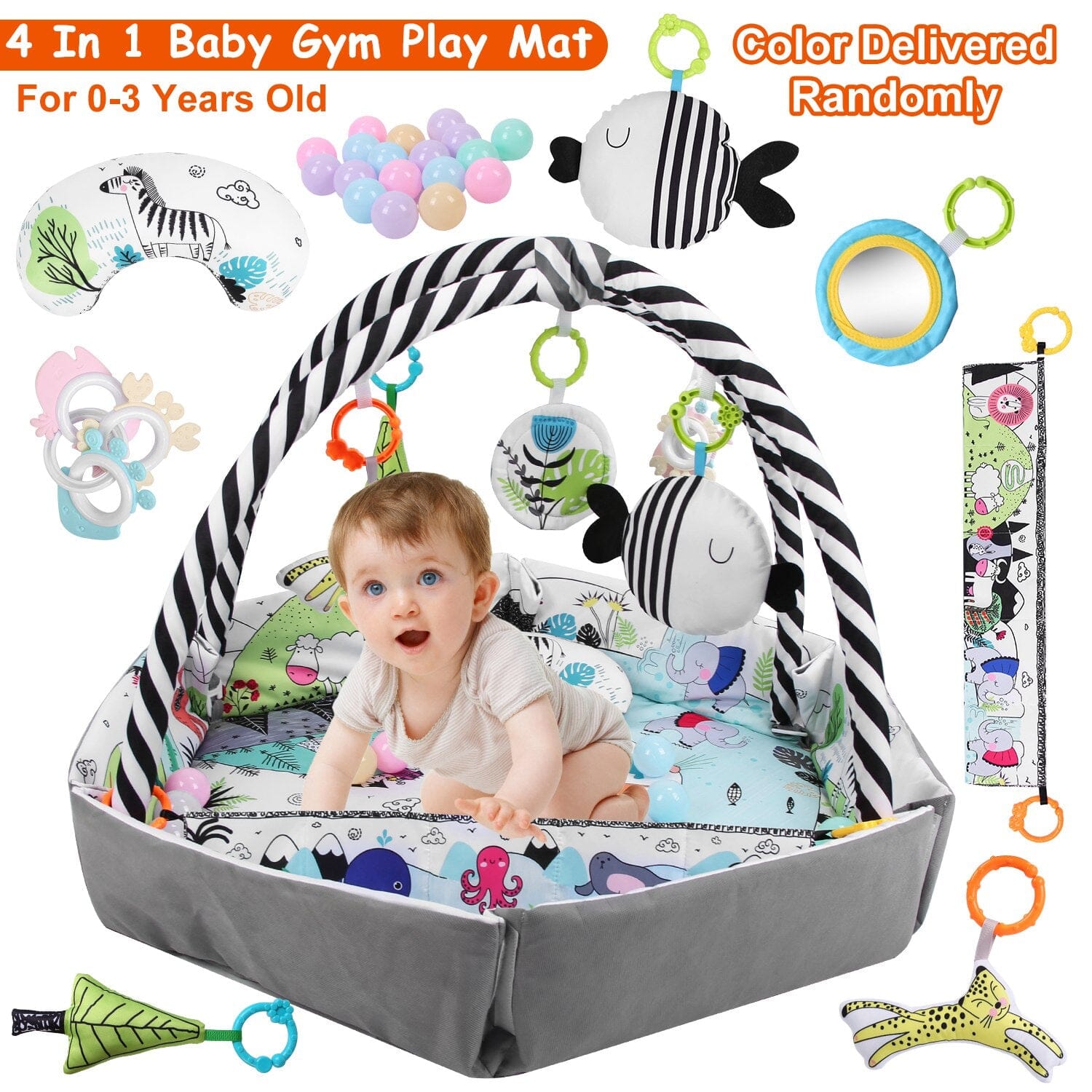 4-in-1 Baby Gym Play Mat Ball Pit with Pillow 18 Balls 9 Toys for 0-3 Years Old