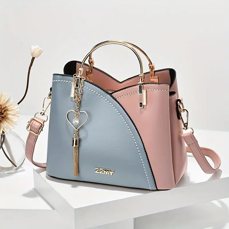 Color Block Satchel Bag with Metal Tassel Decor and Crossbody Strap