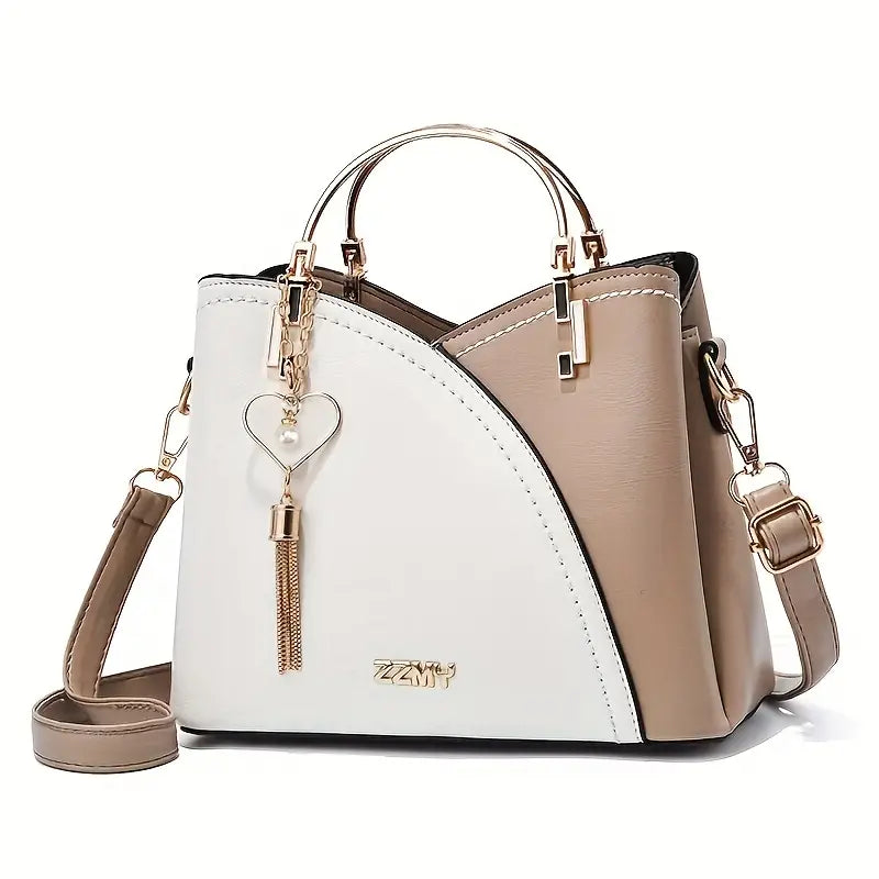 Color Block Satchel Bag with Metal Tassel Decor and Crossbody Strap