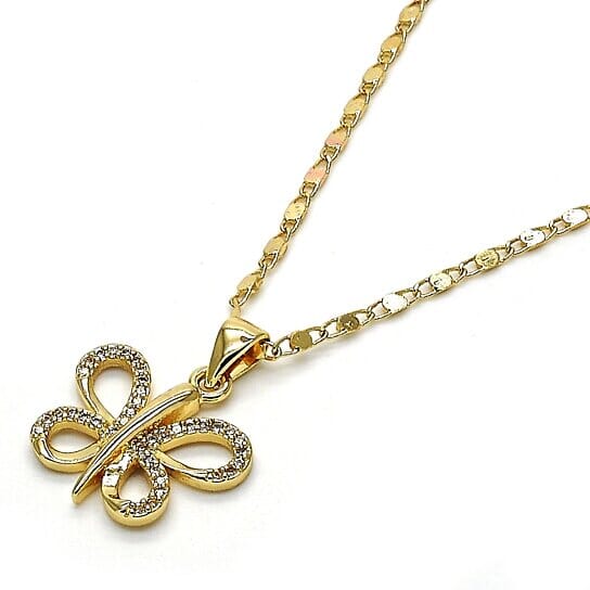 Gold Filled Fancy Necklace Butterfly Design with White Micro Pave Polished Finish Golden Tone