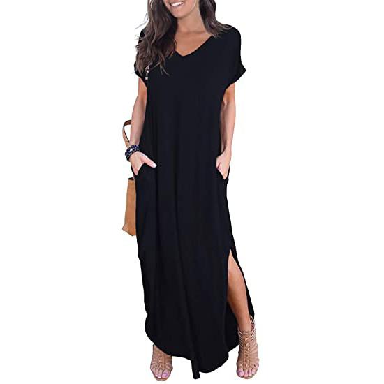 GRECERELLE Women's Casual Loose Pocket Split Maxi Dress Women's Clothing Black S - DailySale