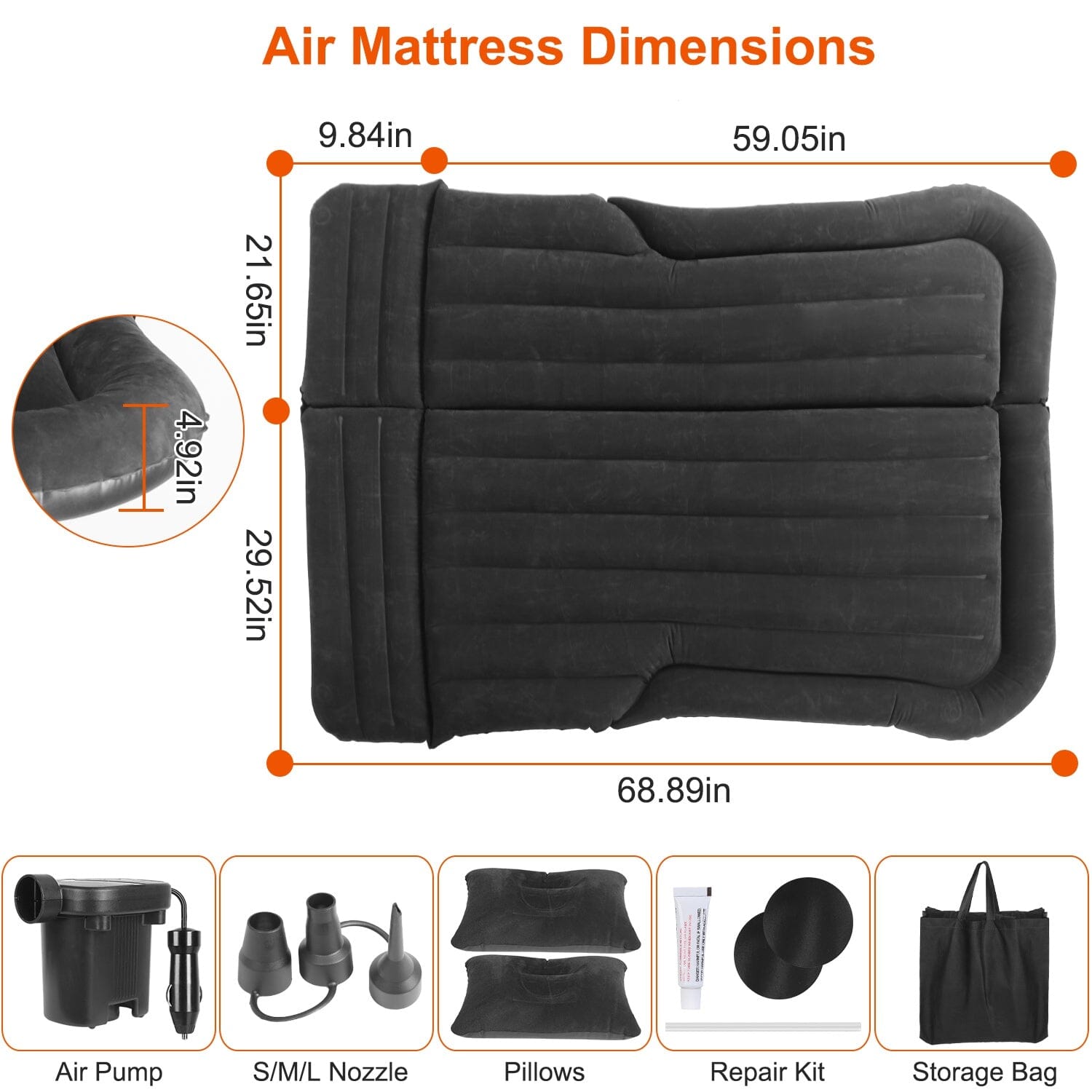 Inflatable SUV Air Mattress Thickened Camping Bed Cushion with Pillow