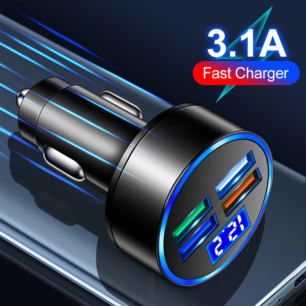 PBG LED 4 Port Car Charger Voltage Display and 3-in-1 Cable Bundle