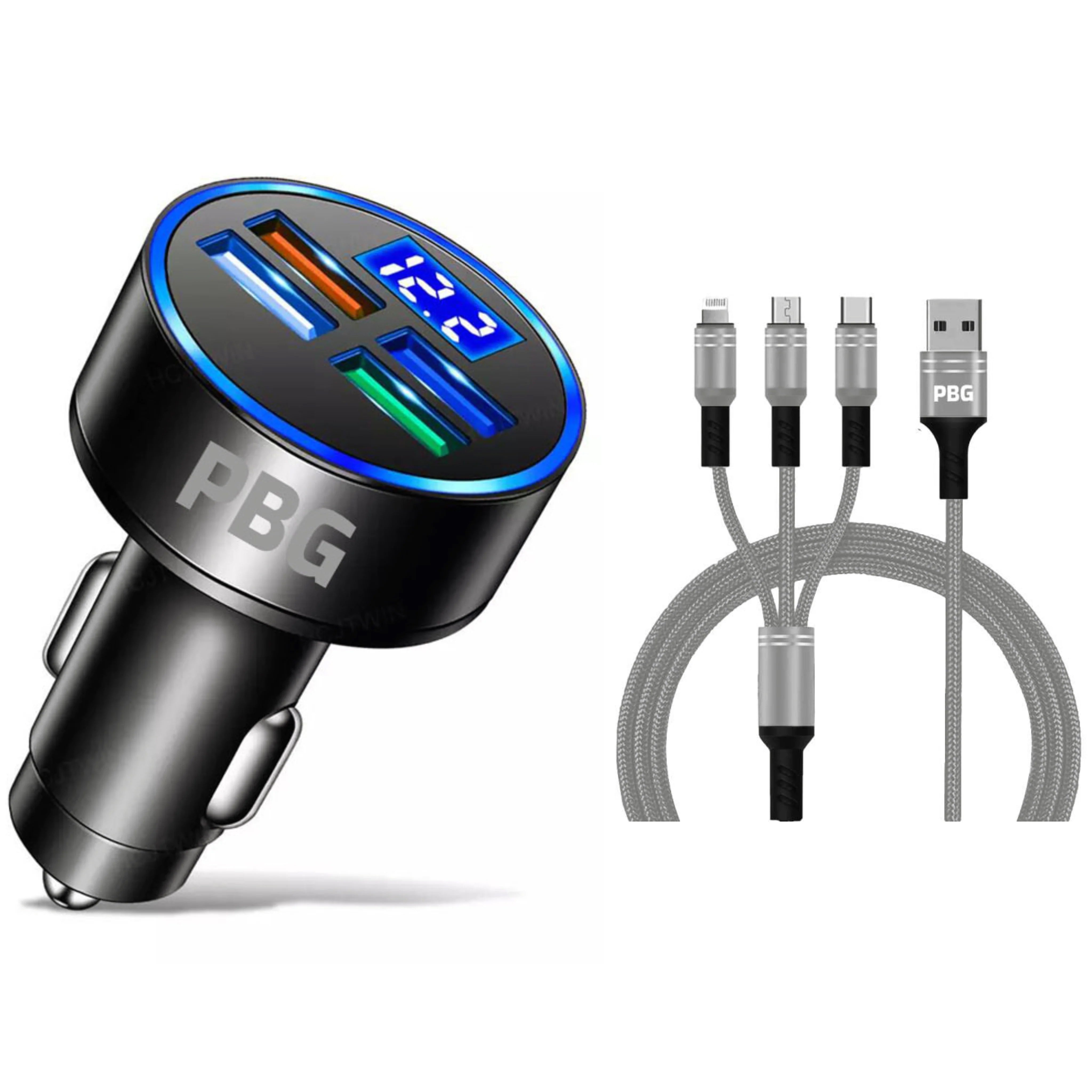 PBG LED 4 Port Car Charger Voltage Display and 3-in-1 Cable Bundle