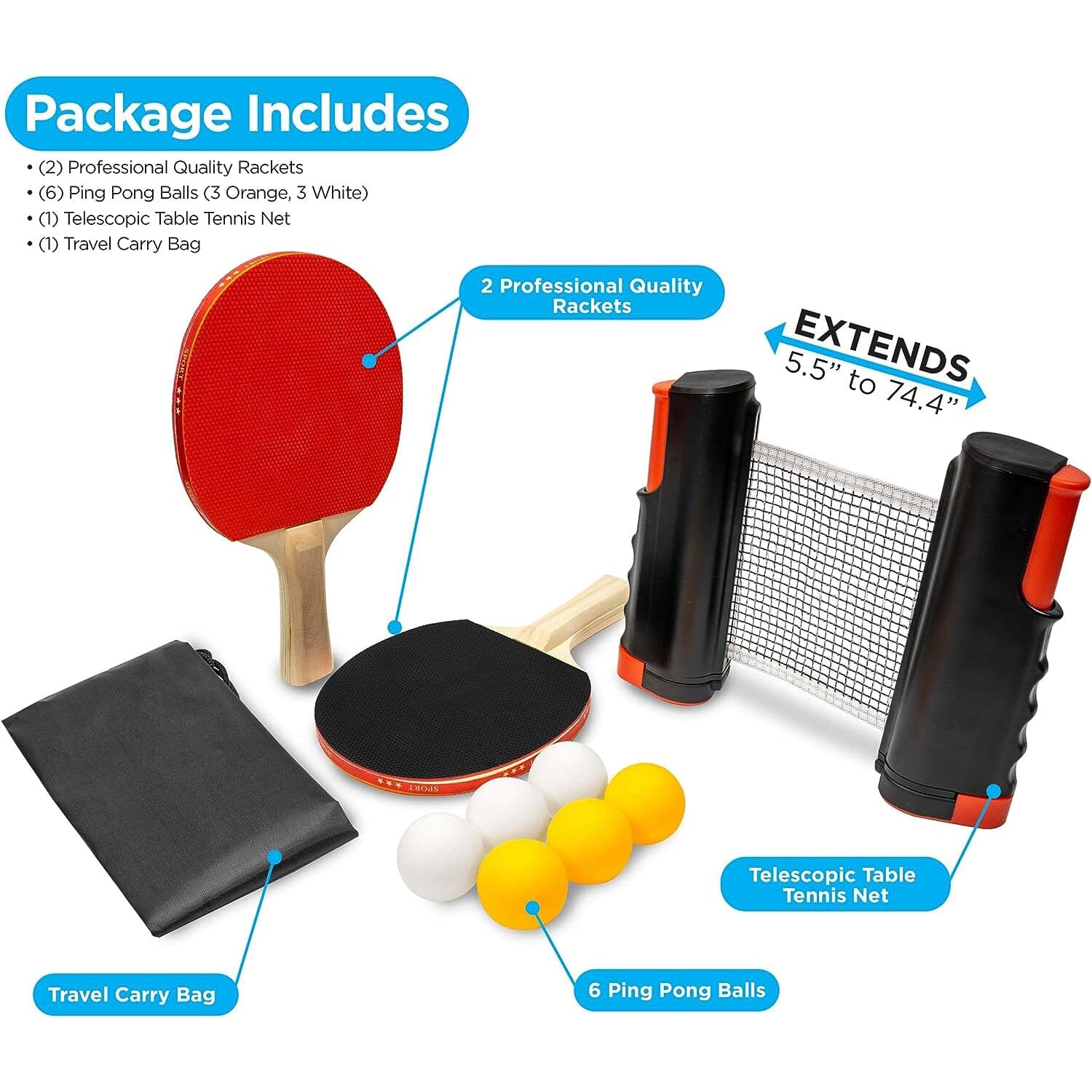 Ping Pong Set with 4 Paddles & Net for Any Table