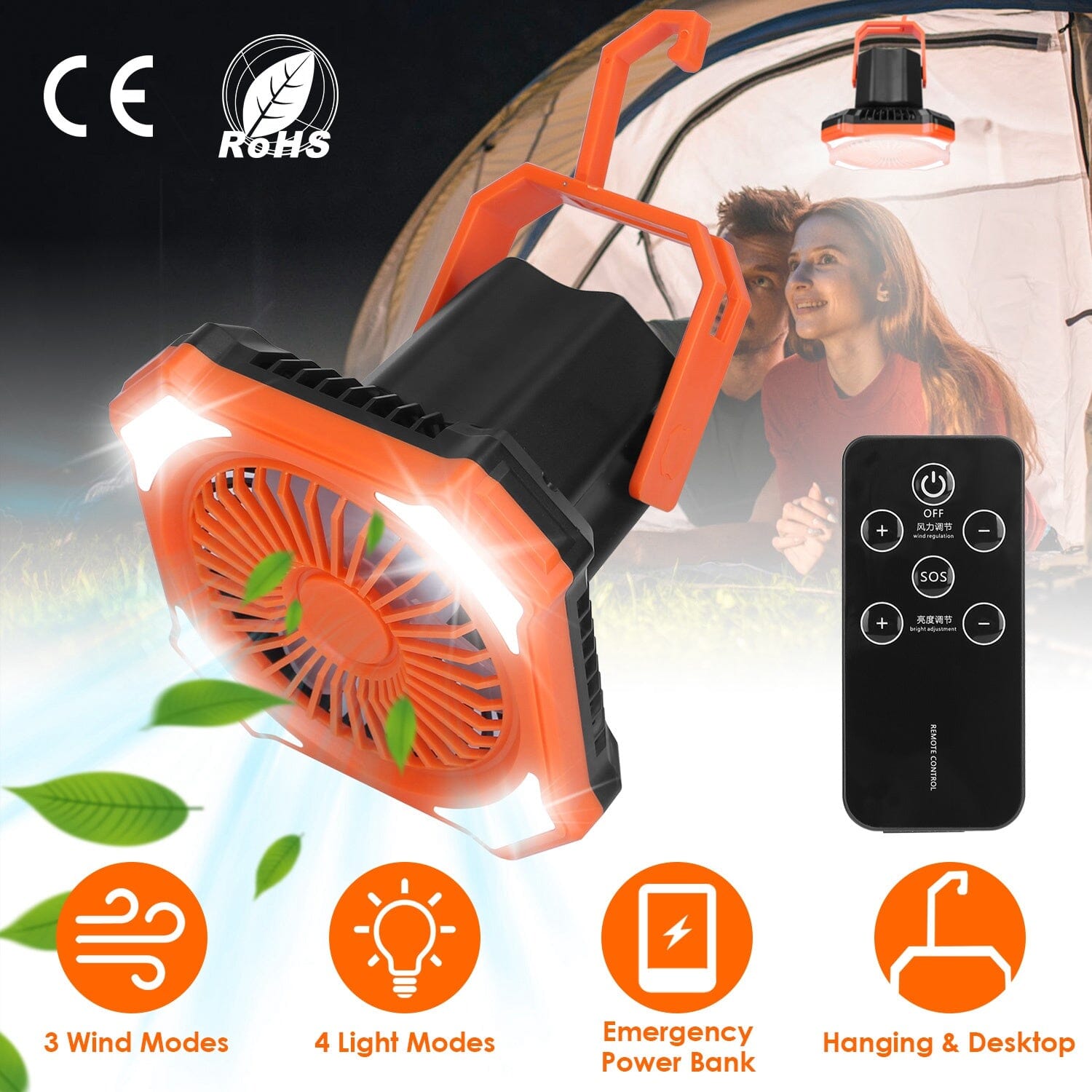 Portable Camping Lantern Fan 10000mAh Battery Powered with 4 Light Modes