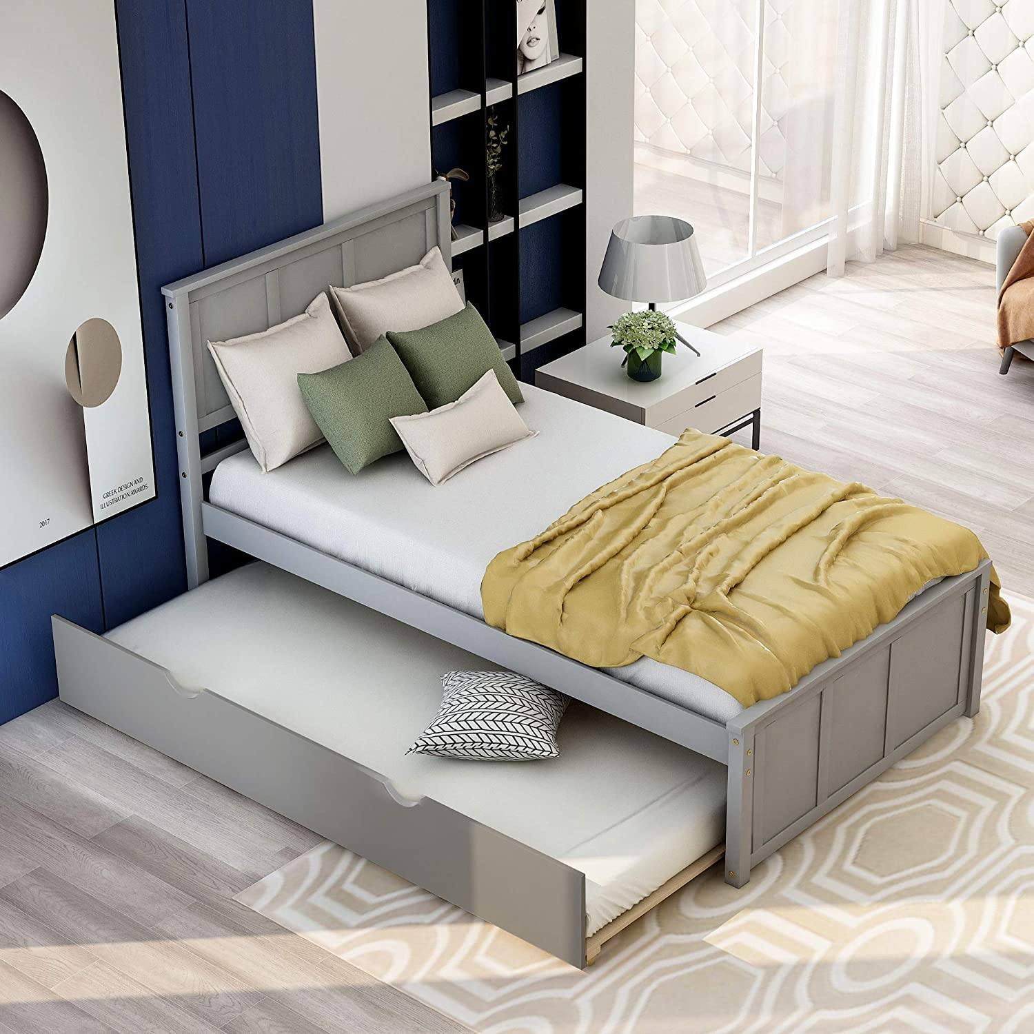 Twin Size Platform Bed with A Trundle